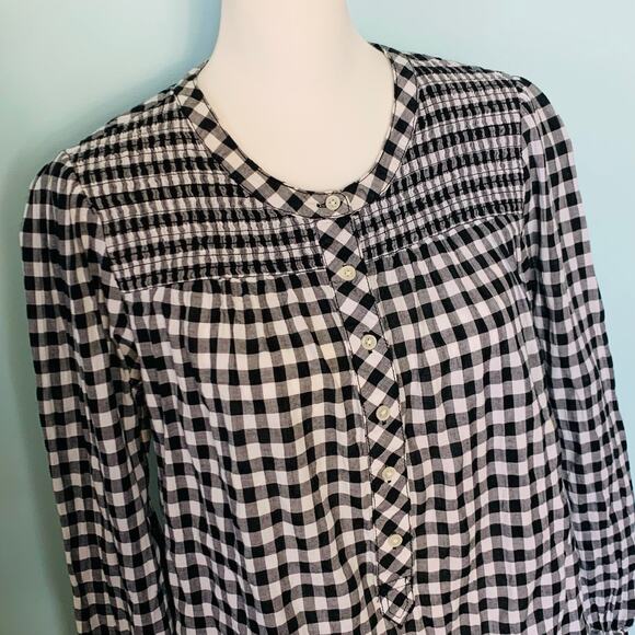 J. Crew Smocked Popover Top in Black Crinkle Gingham Size M - Picture 3 of 9